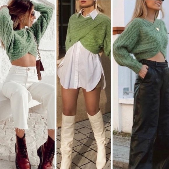 Zara Cable Knit Cropped Scarf Sweater In Green - Picture 1 of 16